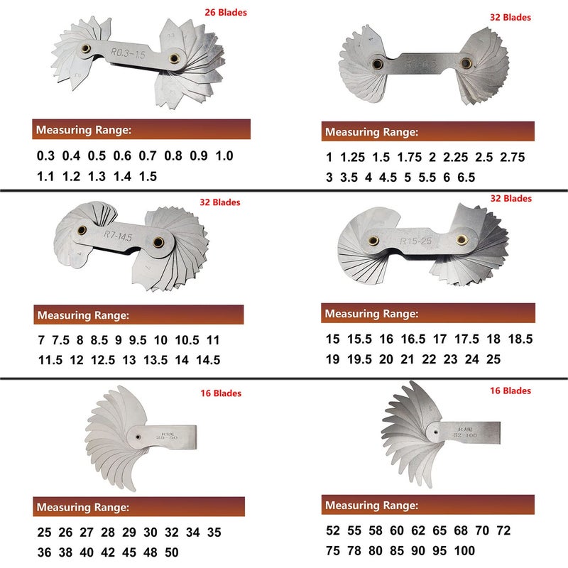 JENSWILL 6 Pack R0.3-1.5/ R1-6.5/ R7-14.5/ R15-25/ R25-50/ R52-100 Radius Gauge Set, Stainless Steel Radius Fillet Gage Portable Concave Convex Measuring Tool for Tool and Die Makers Check - Image 2